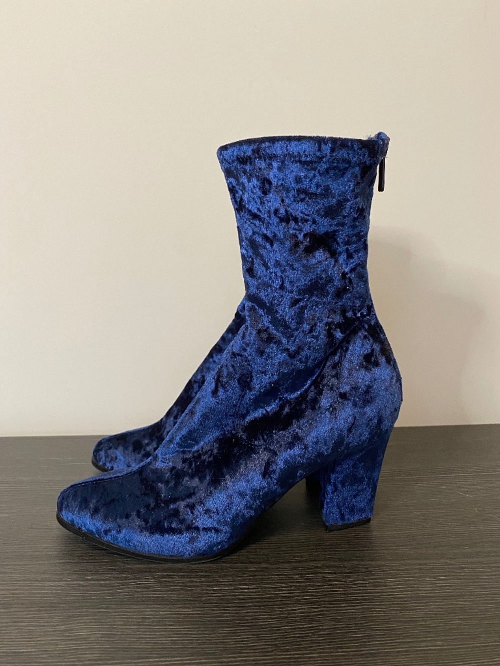 Velvet Ankle Boots Womens Size 8 Navy Blue Stretch Block Heel Booties